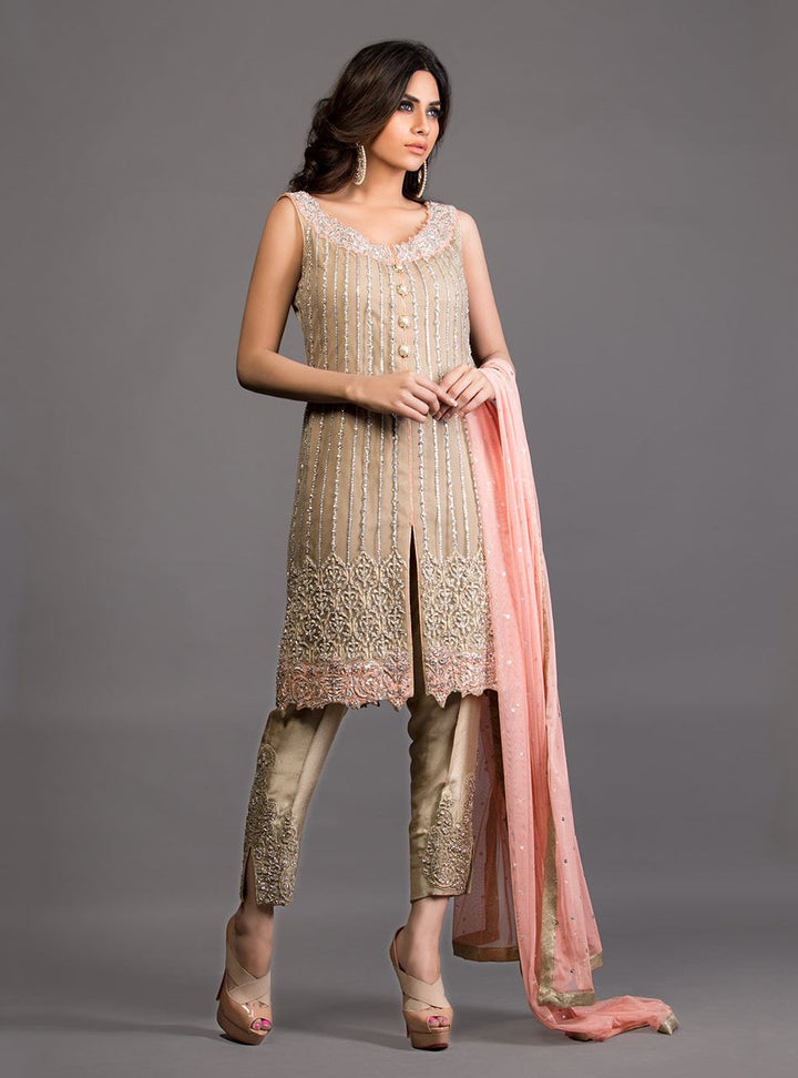 Beige Front Open Embellished Ensemble