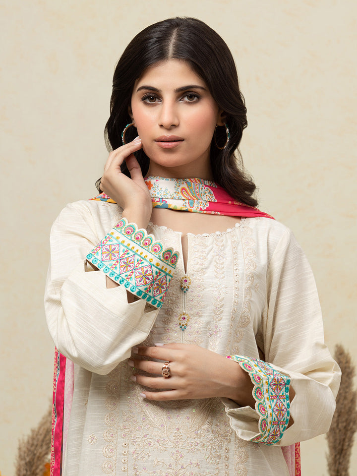 EWU24V6-26663-3P Unstitched Cream Embroidered Chanderi 3 Piece