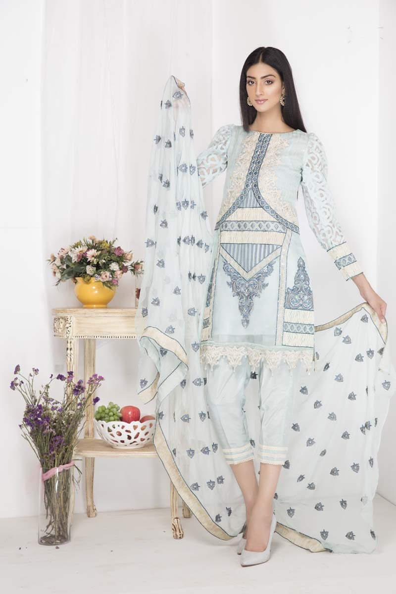 1864-PARADISE BLUE EMBROIDERED ORGANZA UNSTITCHED