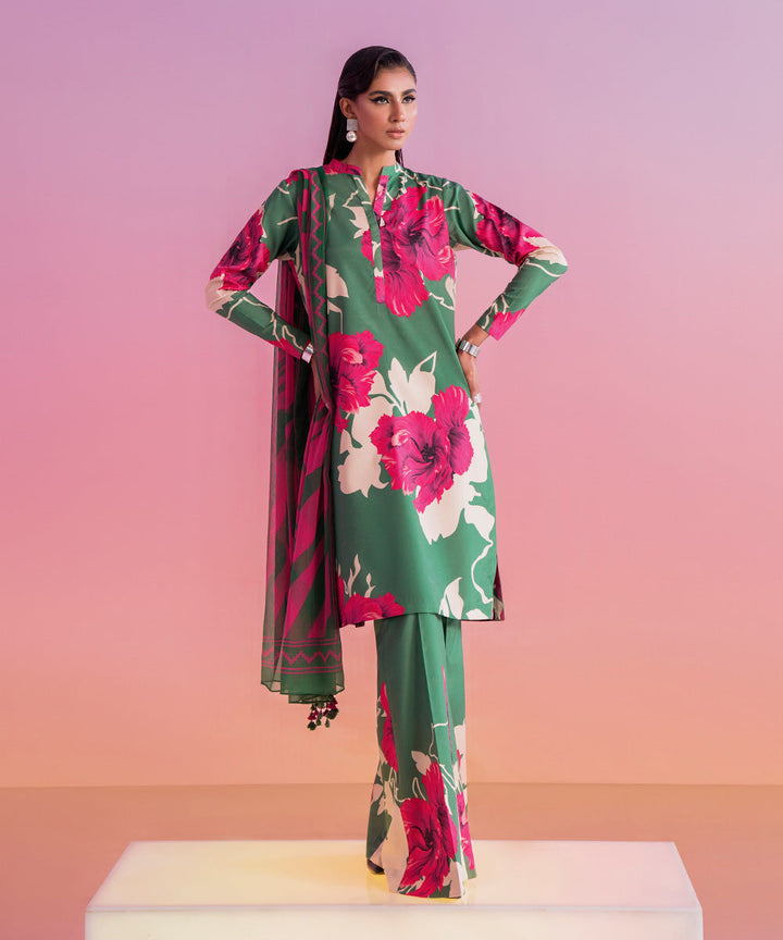 3 Piece -  Printed Silk Suit