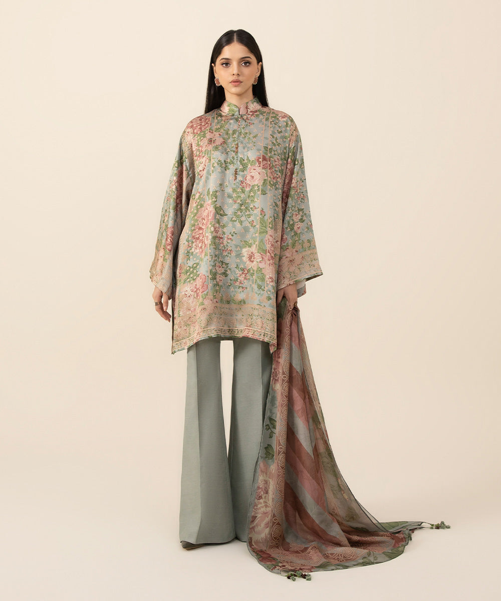 3 Piece -  Printed Satin Suit