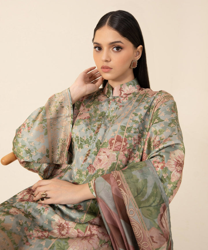 3 Piece -  Printed Satin Suit