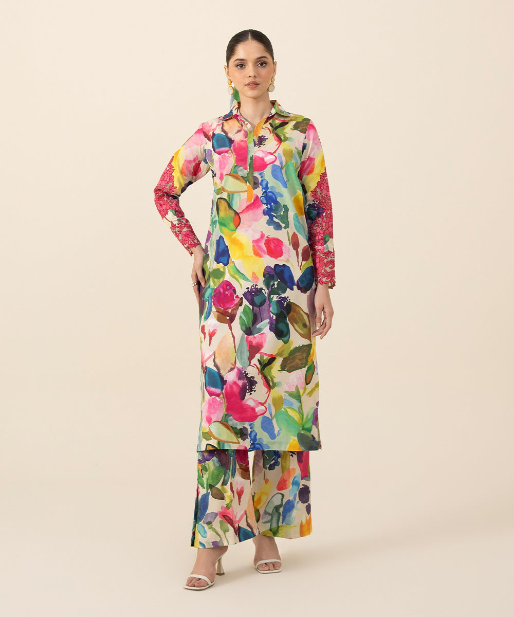 2 Piece - Embroidered Silk Suit