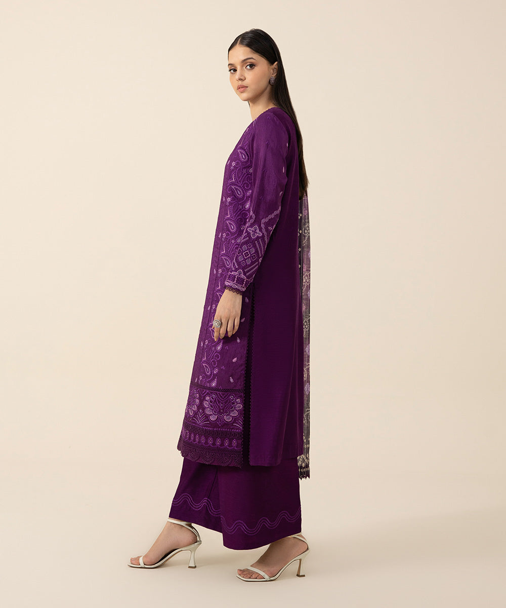 3 Piece - Embroidered Raw Silk Suit