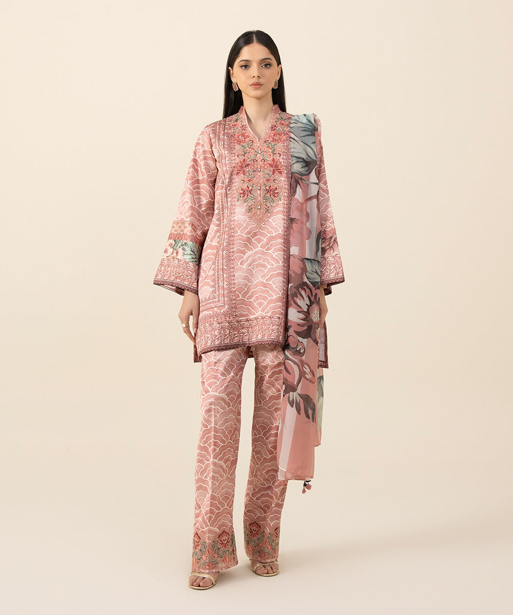 3 Piece -  Embroidered Satin Suit