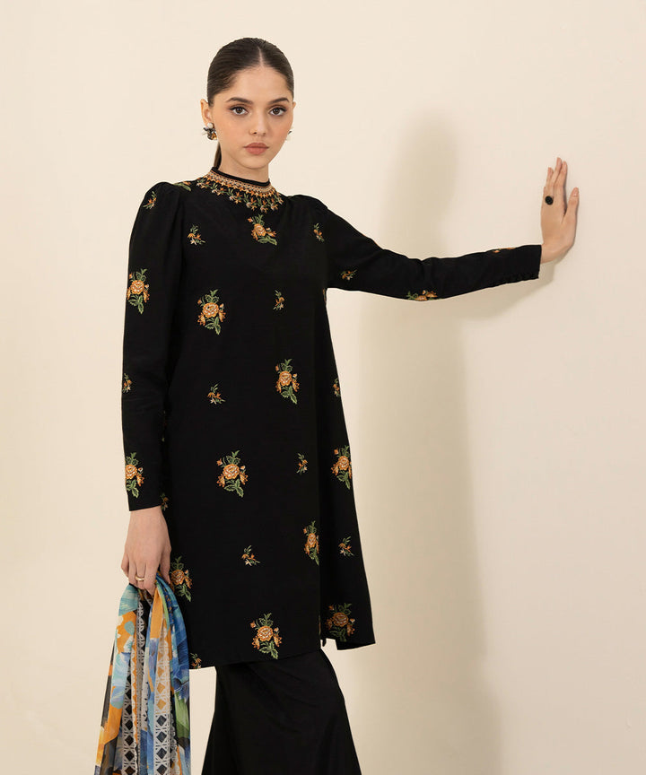 3 Piece - Embroidered Raw Silk Suit