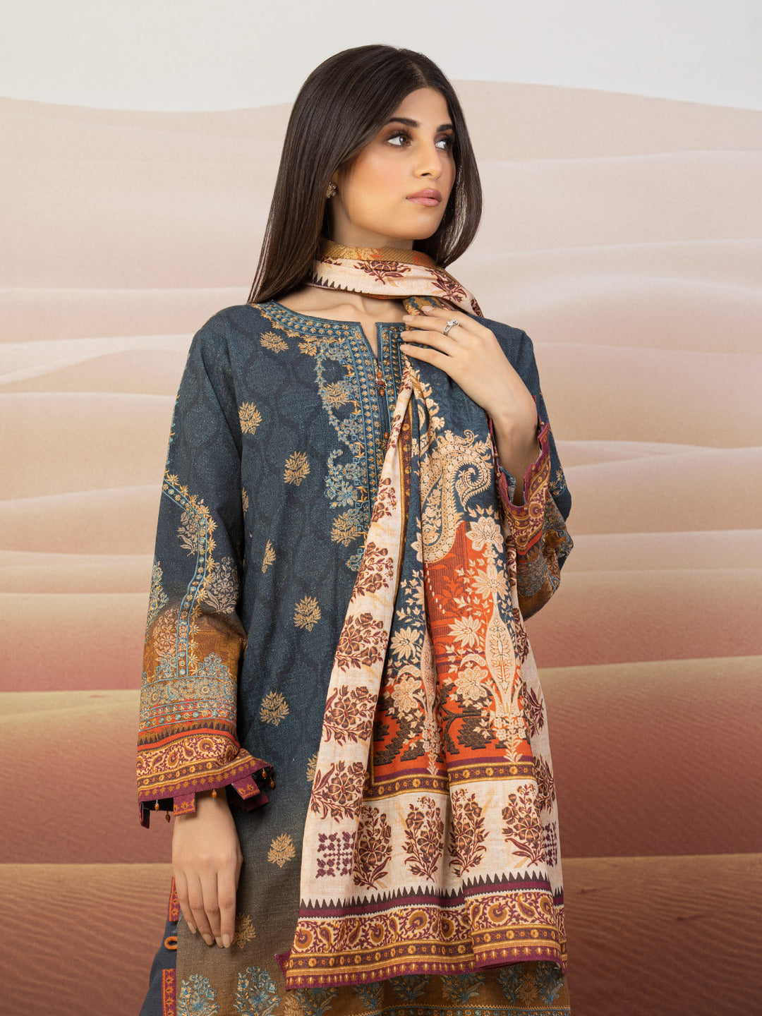 EWU22V11-25023 Unstitched Dark Teal Embroidered Khaddar 3 Piece