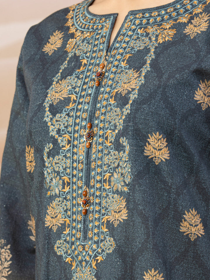 EWU22V11-25023 Unstitched Dark Teal Embroidered Khaddar 3 Piece