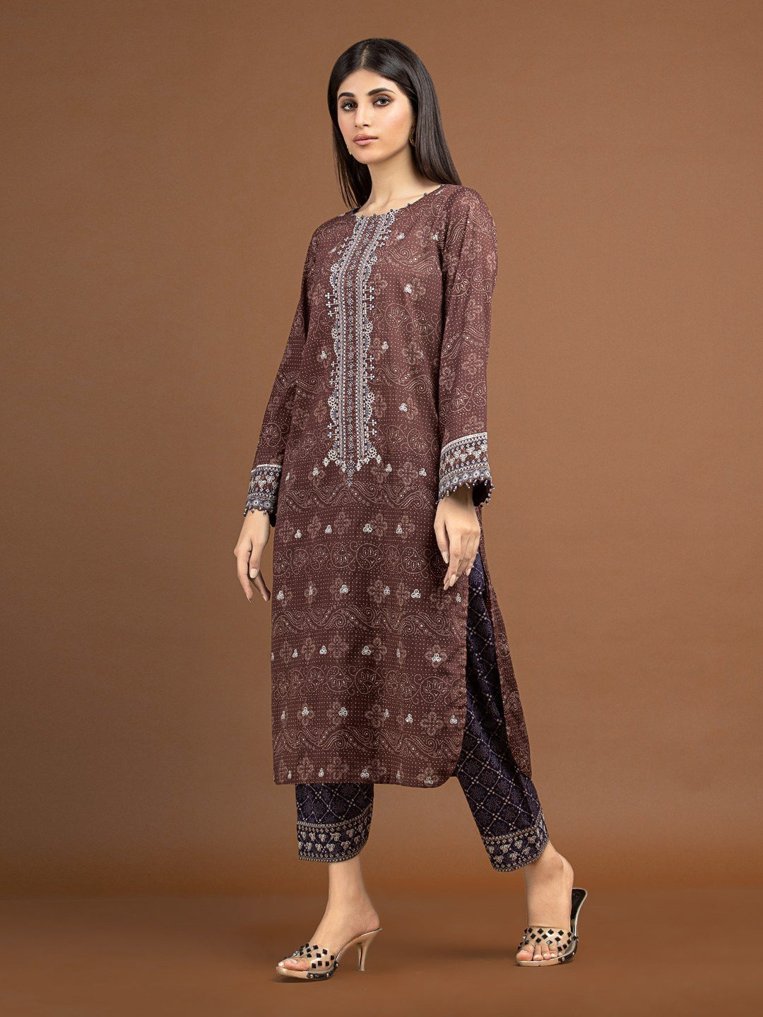EWU22V11-25038 Unstitched Brown Embroidered Khaddar 2 Piece