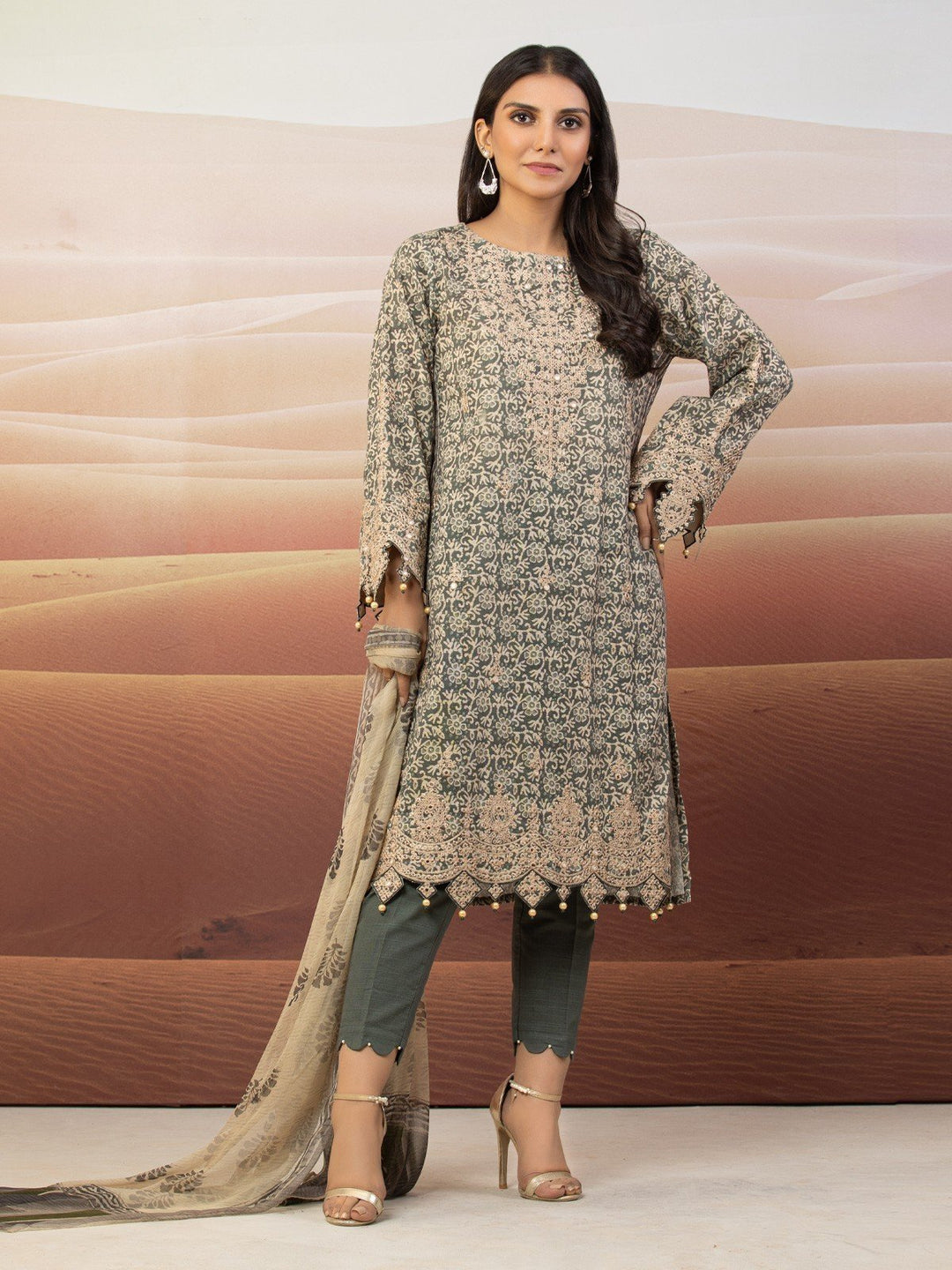 EWU22V12-25009 Unstitched Sage Green Embroidered Khaddar 3 Piece