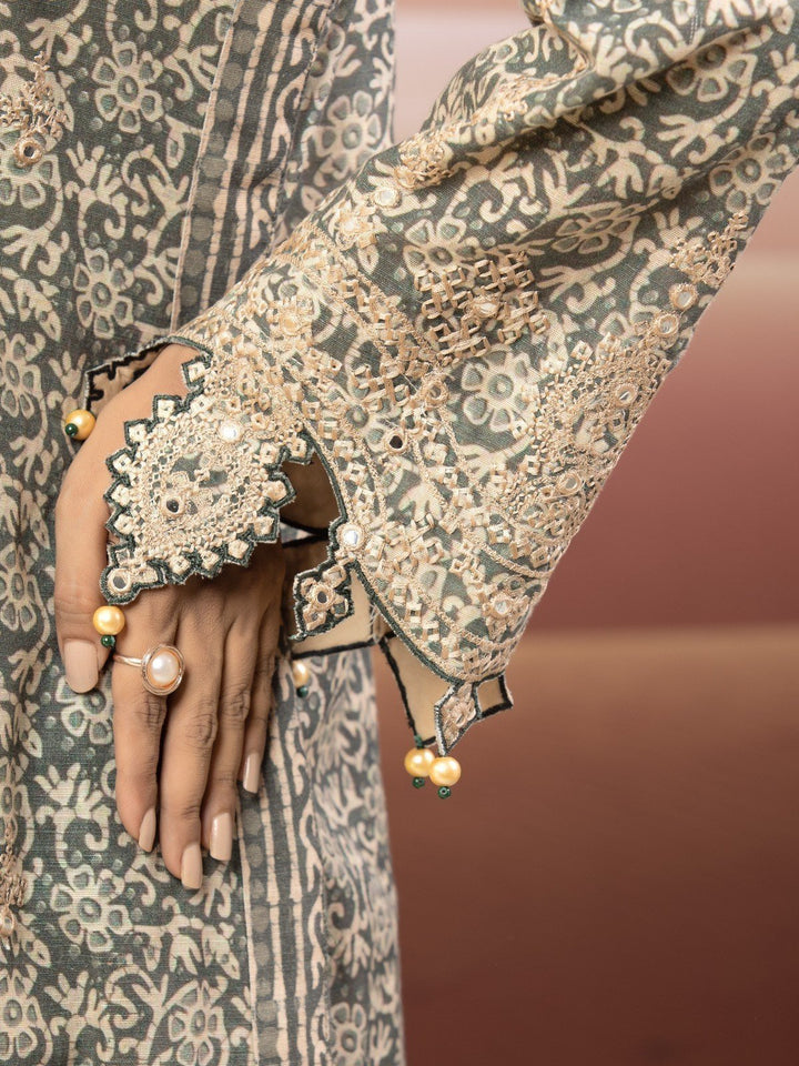 EWU22V12-25009 Unstitched Sage Green Embroidered Khaddar 3 Piece