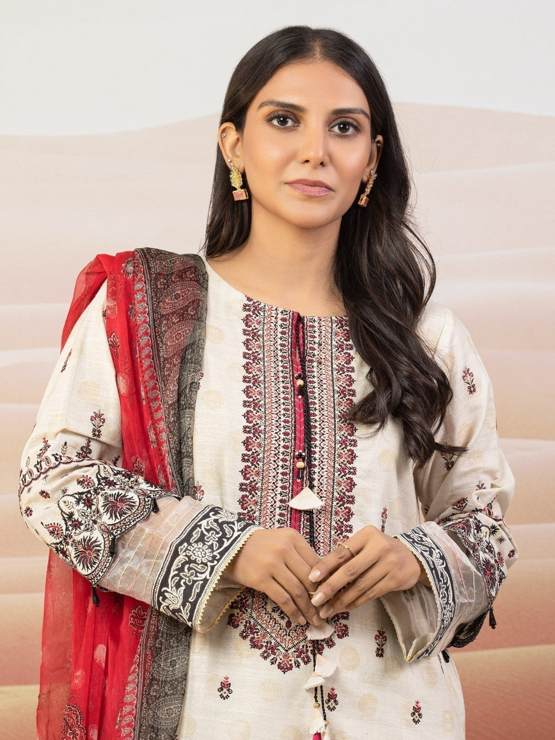 EWU22V12-25013 Unstitched Peach Embroidered Khaddar 3 Piece