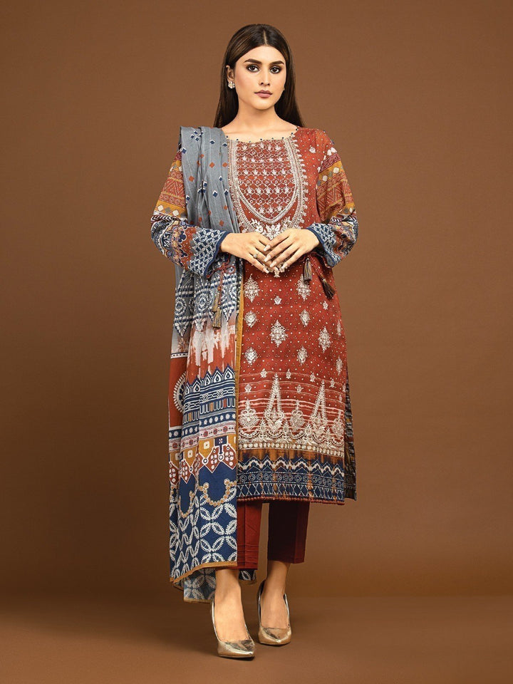 EWU22V13-24039 Unstitched Rust Embroidered Viscose 3 Piece