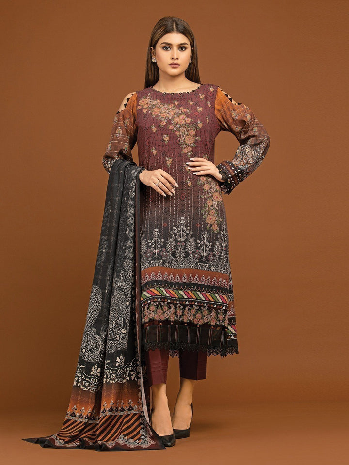 EWU22V13-24041 Unstitched Dark Brown Embroidered Viscose 3 Piece