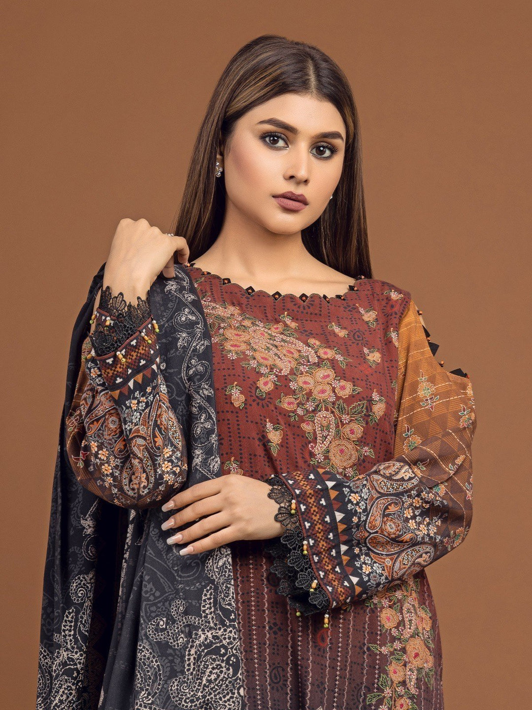 EWU22V13-24041 Unstitched Dark Brown Embroidered Viscose 3 Piece