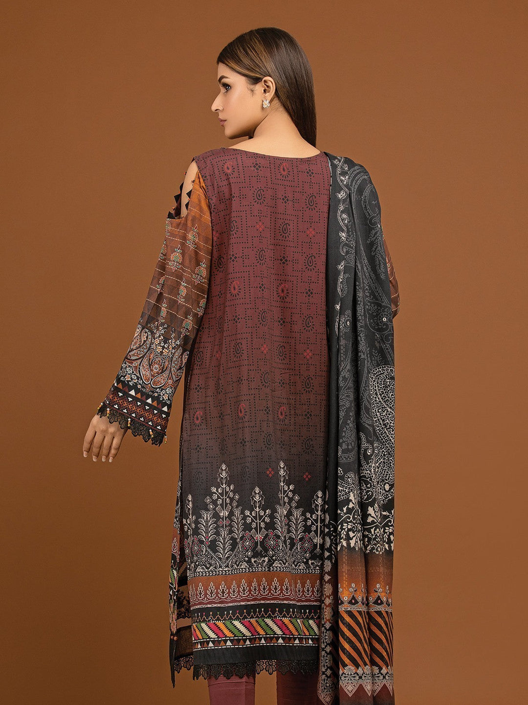 EWU22V13-24041 Unstitched Dark Brown Embroidered Viscose 3 Piece