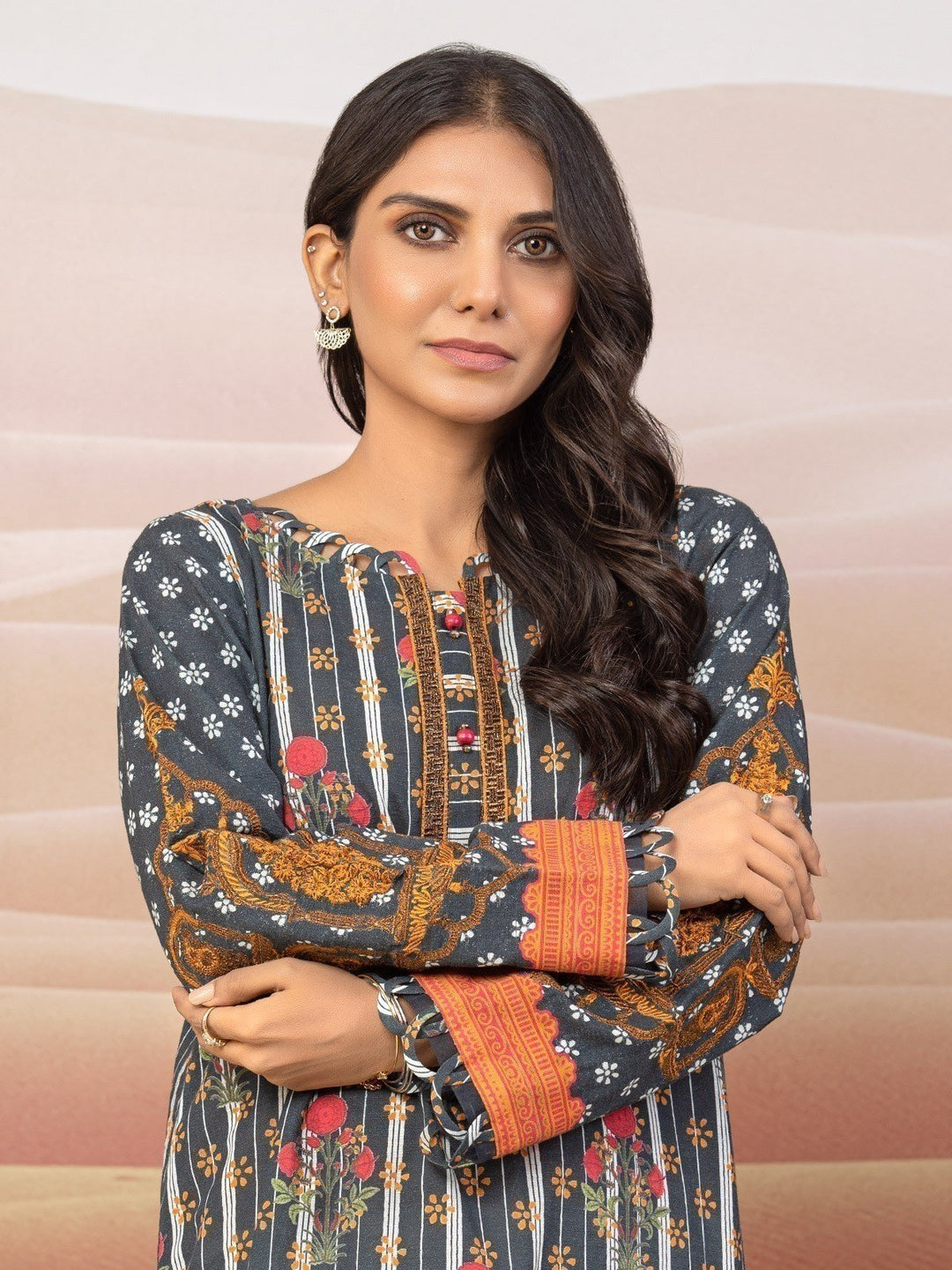 EWU22V9-25043S Unstitched Charcoal Embroidered Cotton Satin 1 Piece