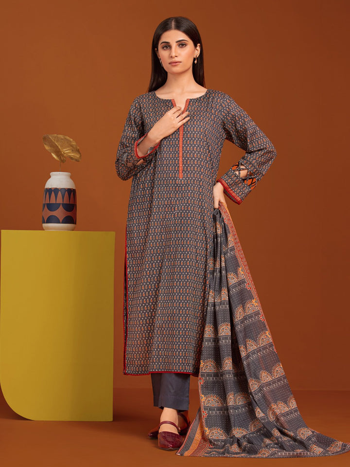 EWU23A3-27096-3P Unstitched Dark Grey Printed Khaddar 3 Piece