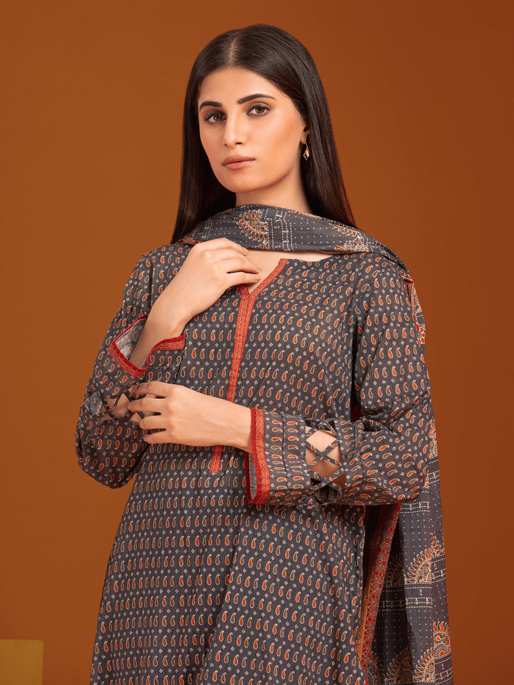 EWU23A3-27096-3P Unstitched Dark Grey Printed Khaddar 3 Piece