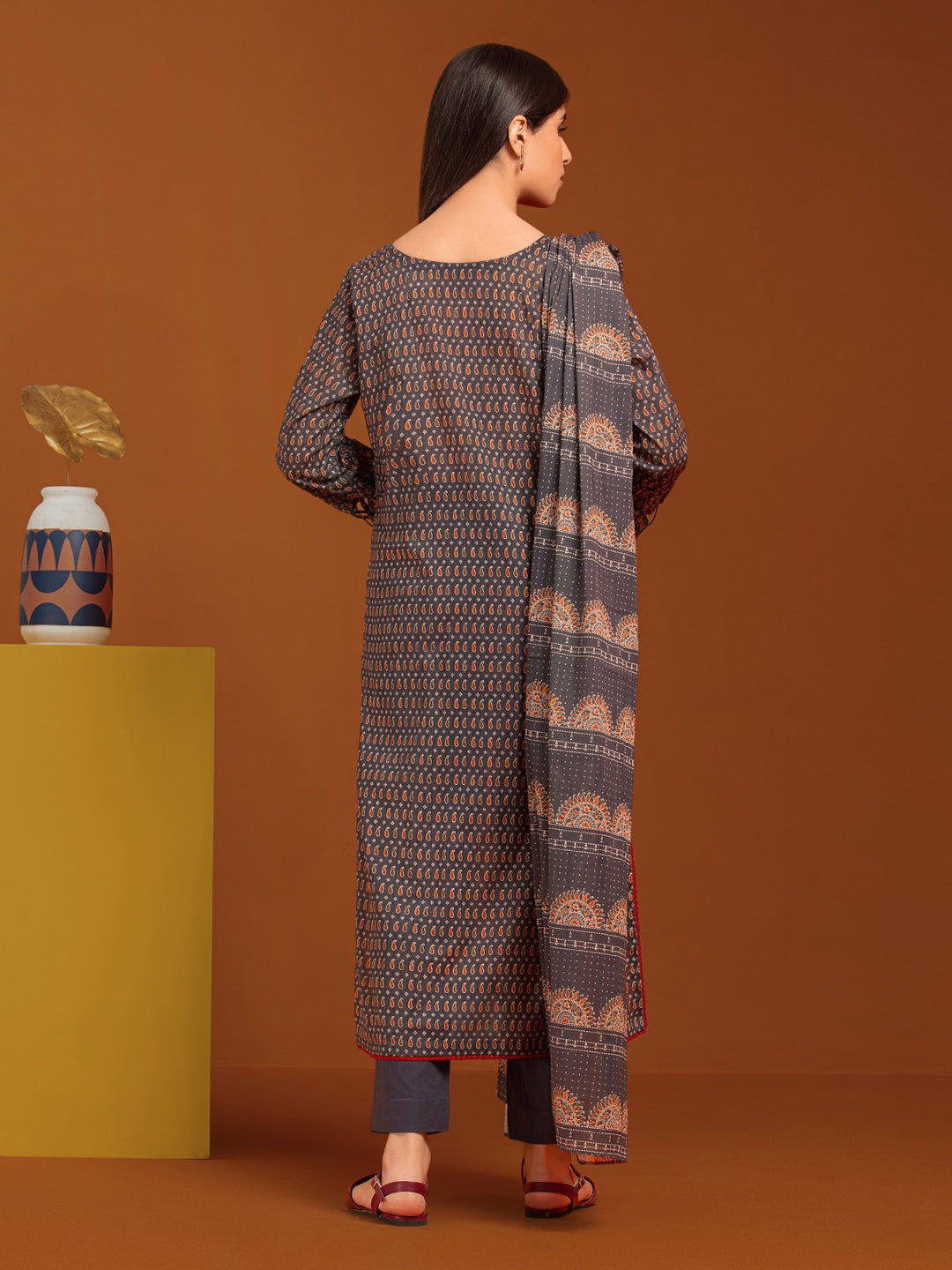 EWU23A3-27096-3P Unstitched Dark Grey Printed Khaddar 3 Piece