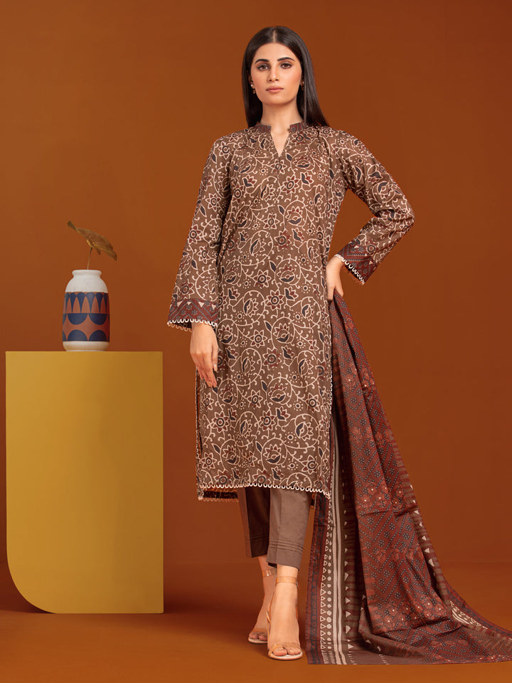 EWU23A3-27127-3P Unstitched Brown Printed Khaddar 3 Piece