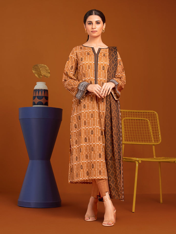 EWU23A3-27181-3P Unstitched Light Brown Printed Khaddar 3 Piece