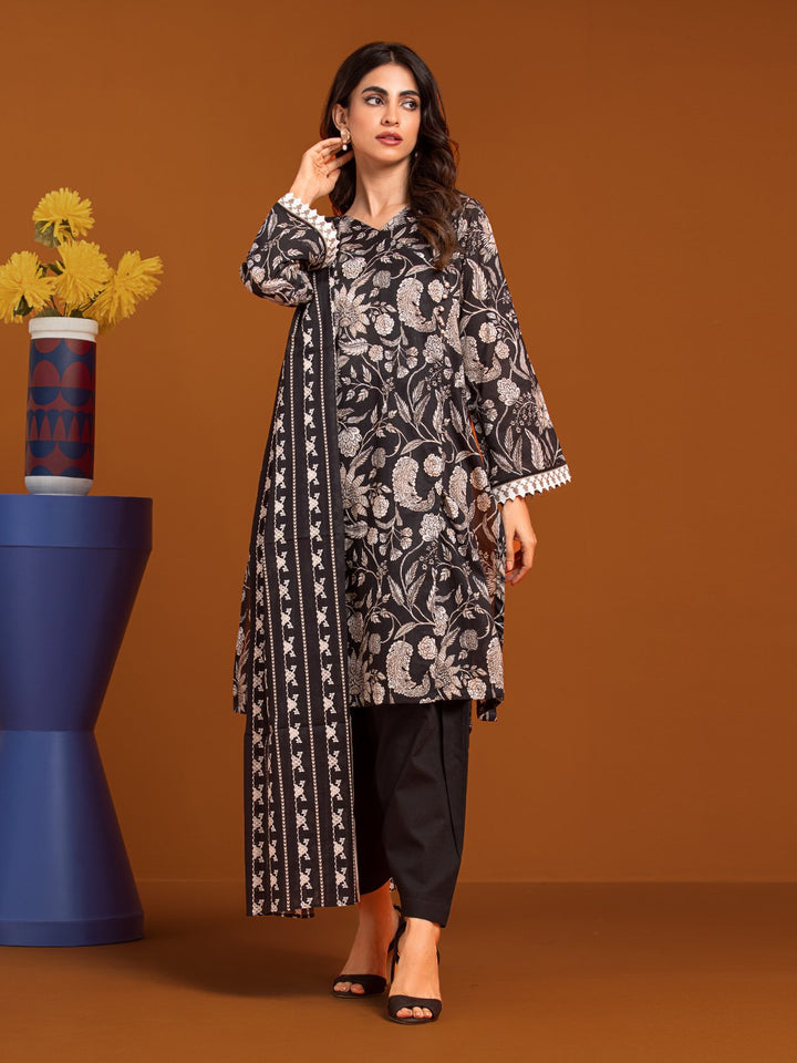 EWU23A3-27197-3P Unstitched Black Printed Khaddar 3 Piece