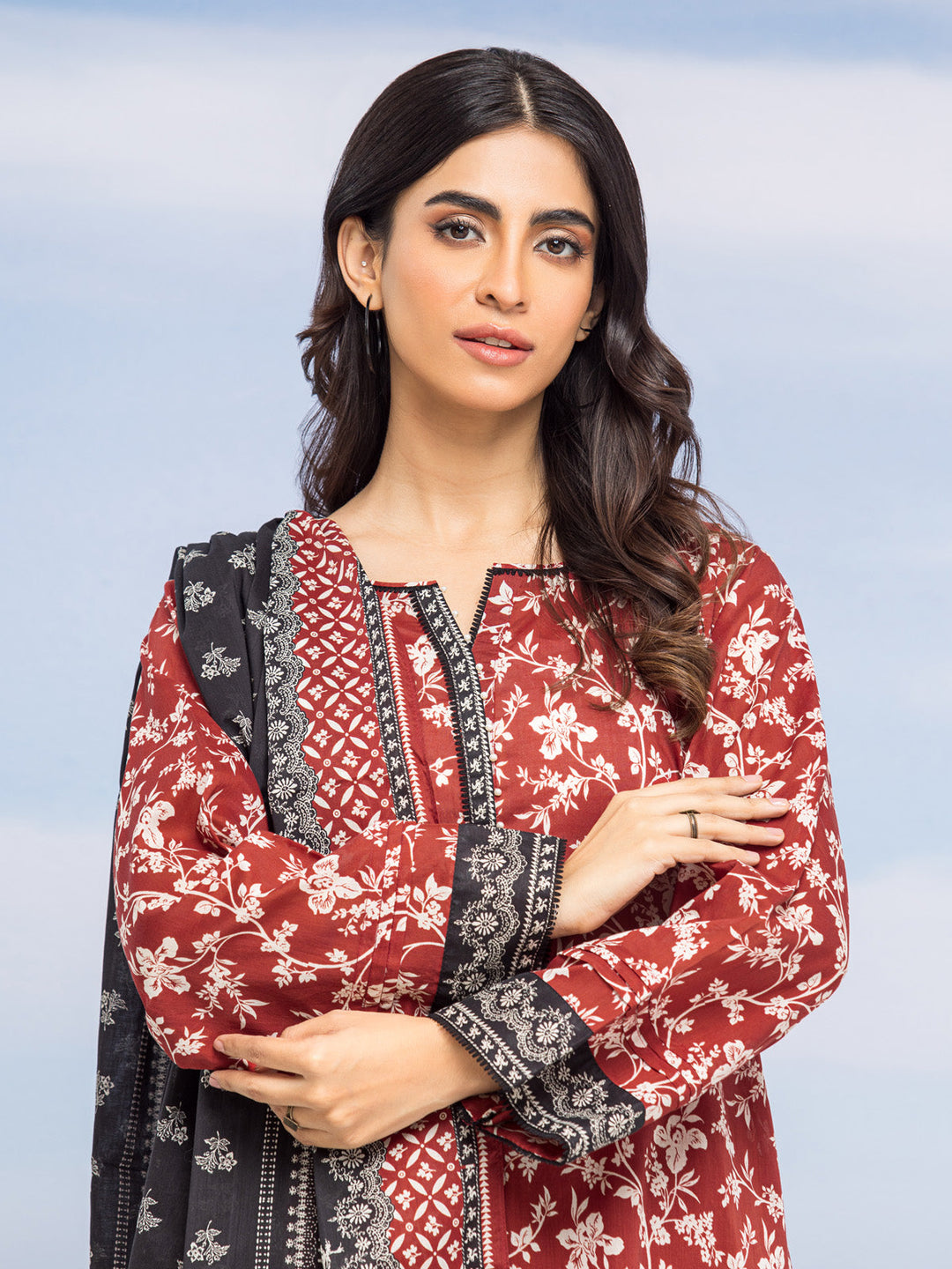 EWU24A1-28047-3P Unstitched Dark Rust Printed Lawn 3 Piece