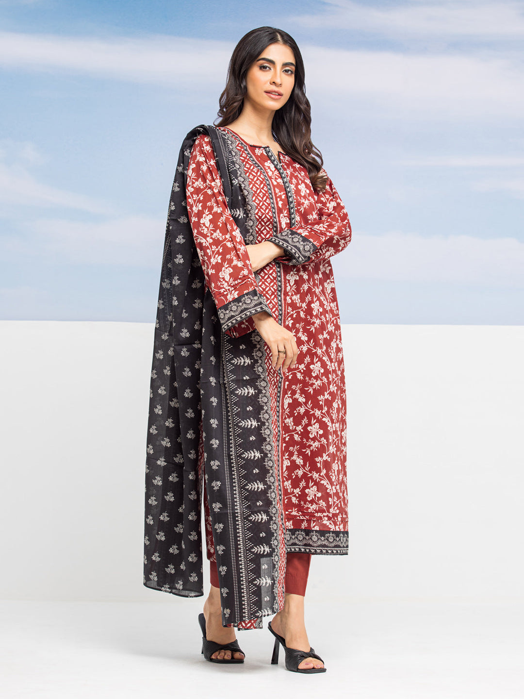 EWU24A1-28047-3P Unstitched Dark Rust Printed Lawn 3 Piece