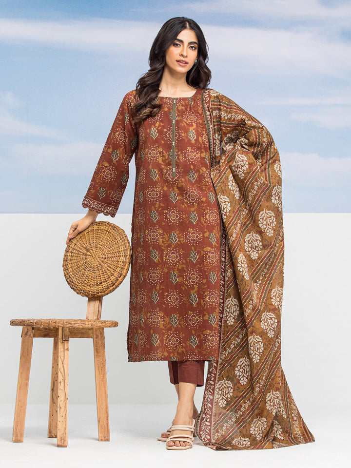 EWU24A1-28196-3P Unstitched Chocolate Brown Printed Lawn 3 Piece