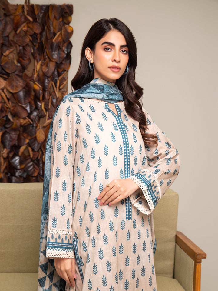 EWU24A2-27291-3P Unstitched Beige Printed Cambric 3 Piece