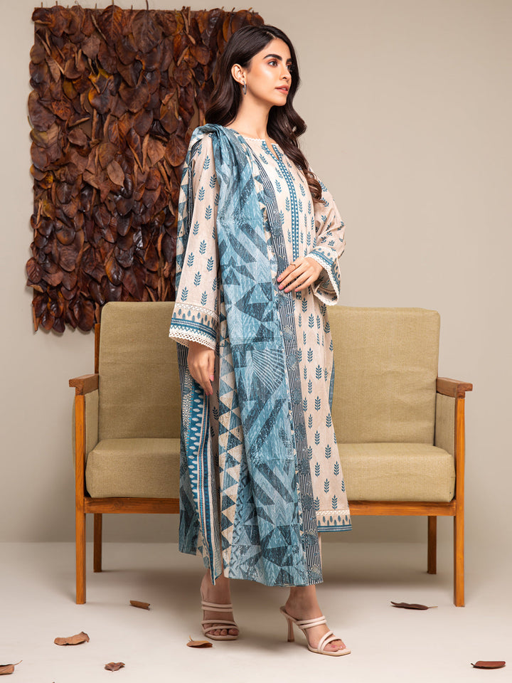 EWU24A2-27291-3P Unstitched Beige Printed Cambric 3 Piece