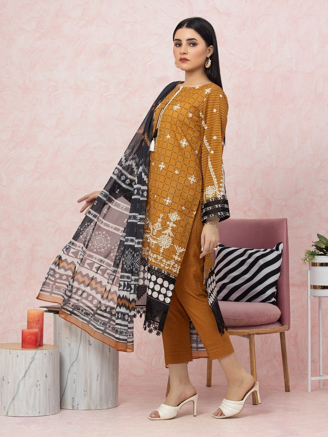 EWU22V1-26547 Unstitched Brown Embroidered Lawn 3 Piece