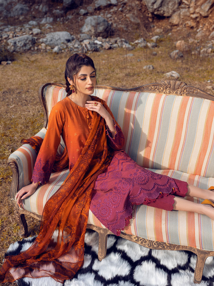 EWU22V12-25012 Unstitched Rust & Maroon Embroidered Khaddar 3 Piece