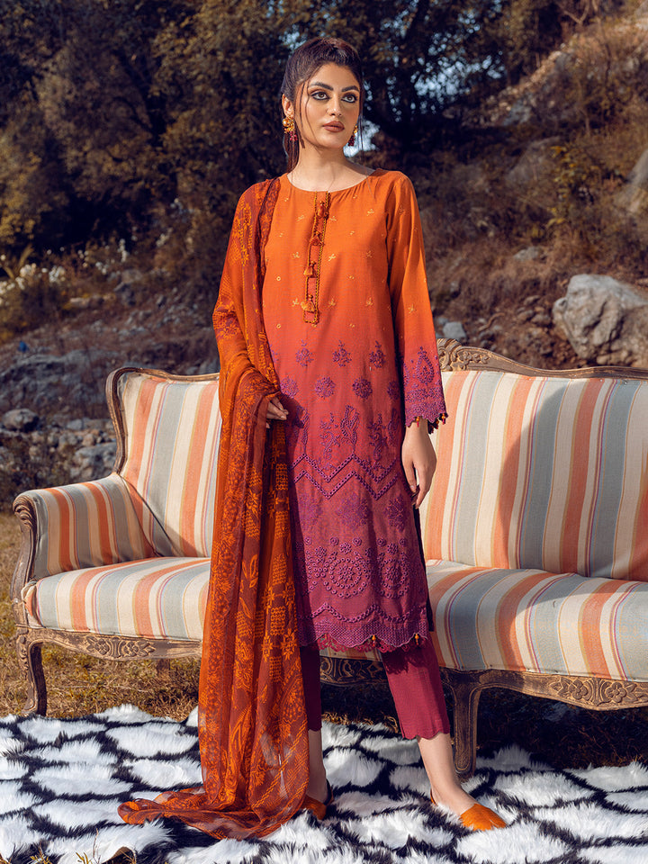 EWU22V12-25012 Unstitched Rust & Maroon Embroidered Khaddar 3 Piece