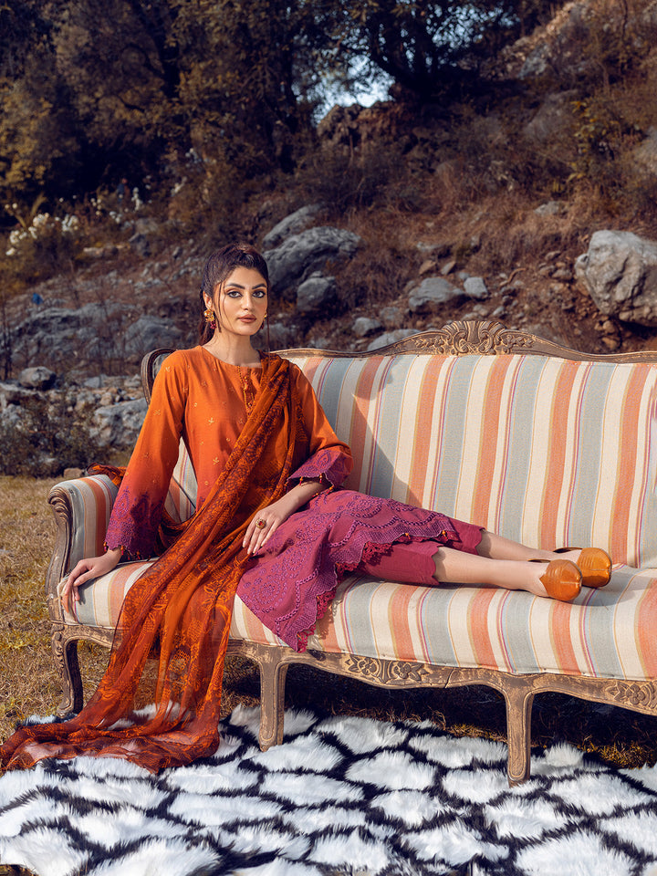 EWU22V12-25012 Unstitched Rust & Maroon Embroidered Khaddar 3 Piece