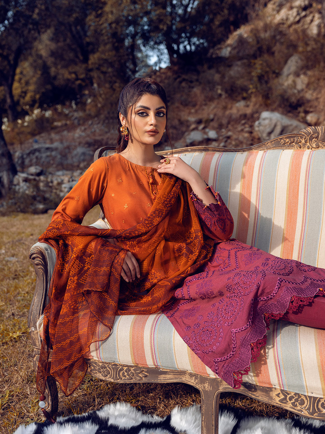 EWU22V12-25012SD Unstitched Rust & Maroon Embroidered Khaddar 2 Piece