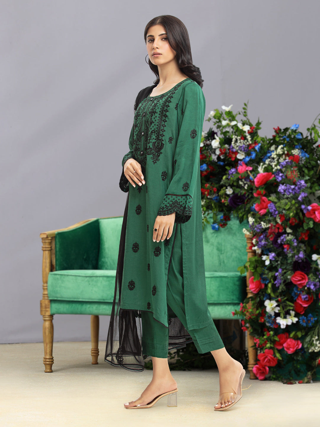 EWU23V16-26638-3P Unstitched Green Embroidered Raw Silk 3 Piece