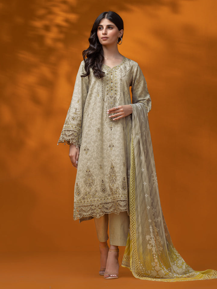 EWU23V7-26630-3P Unstitched Light Beige Embroidered Dobby 3 Piece