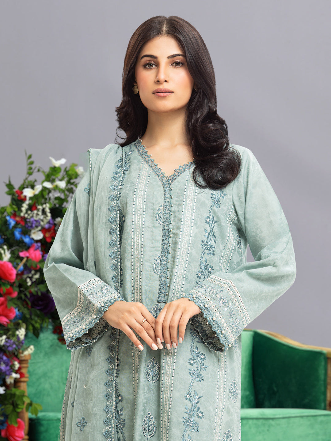 EWU23V7-26740-3P Unstitched Mist Blue Embroidered Dobby 3 Piece