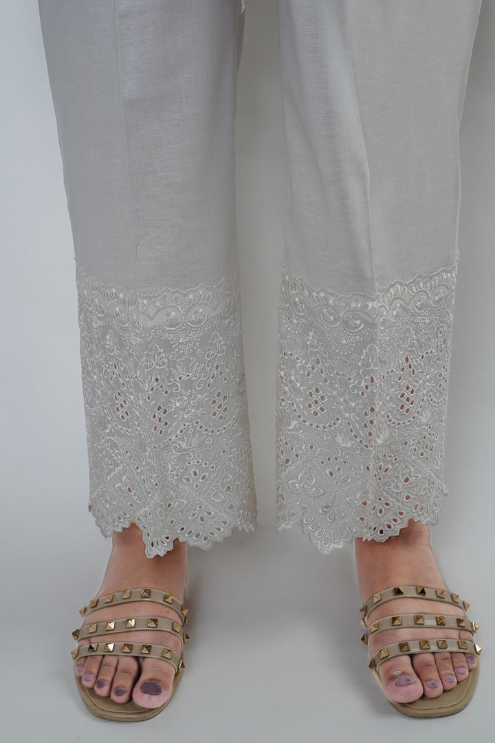 3670-WHITE EMBROIDERED TROUSER STITCHED