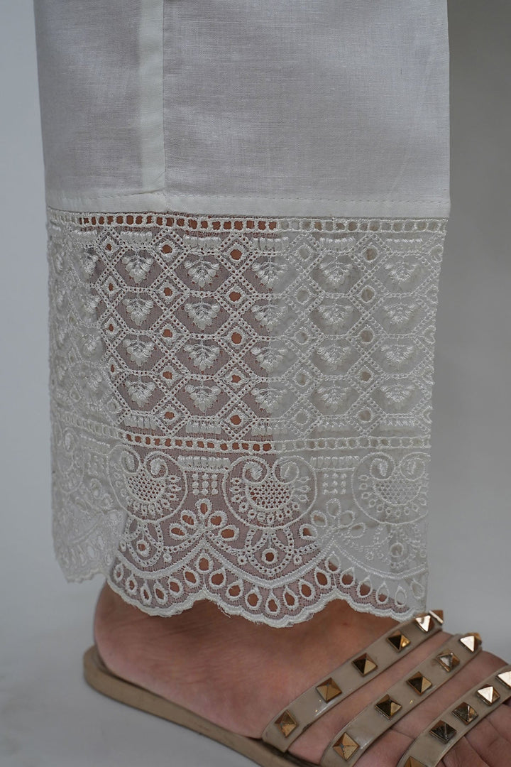 3672-WHITE EMBROIDERED COTTON TROUSER STITCHED