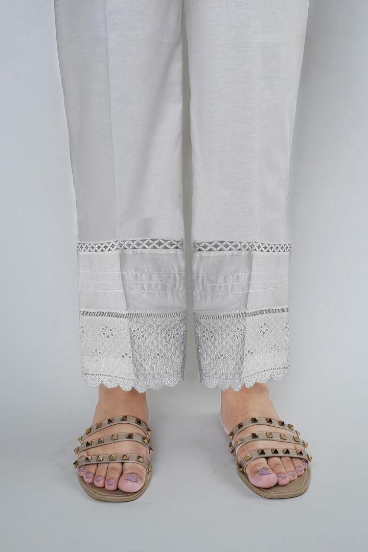 3674-WHITE EMBROIDERED TROUSER STITCHED