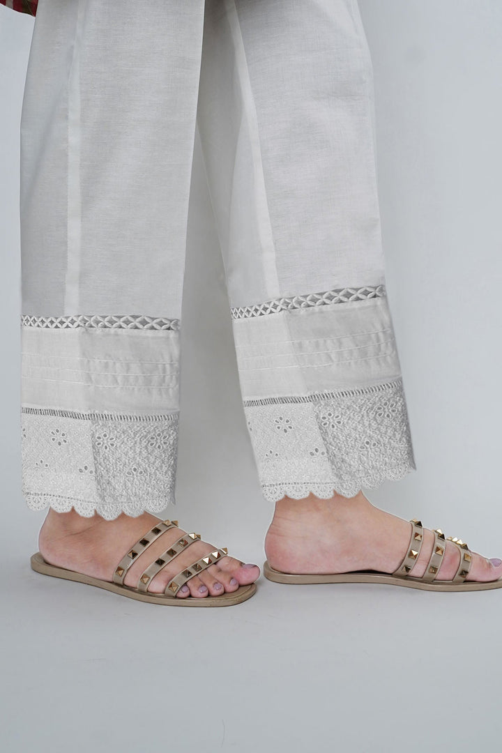 3674-WHITE EMBROIDERED TROUSER STITCHED