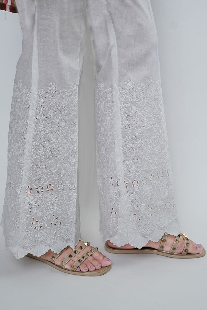 3684-WHITE EMBROIDERED TROUSER STITCHED