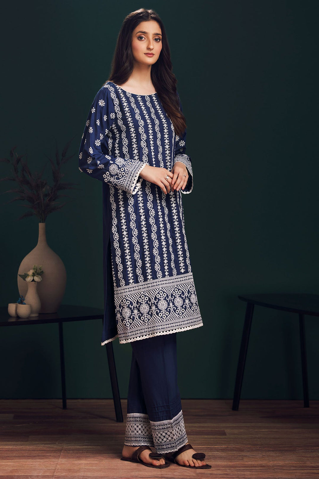 3987-NAVY-BLUE SCHIFFLI EMBROIDERED LAWN STITCHED