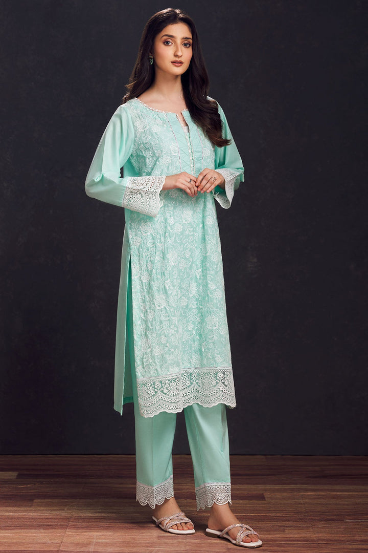 3998-SEA-GREEN SCHIFFLI EMBROIDERED LAWN STITCHED