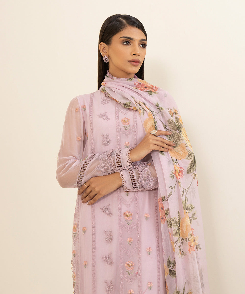 3 Piece - Embroidered Chiffon Suit