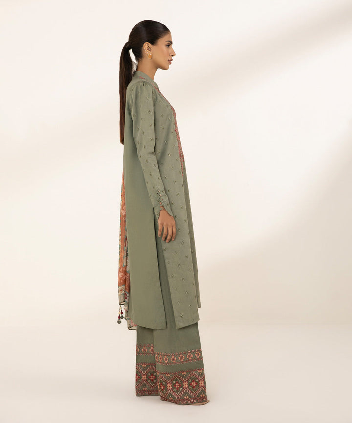 3 Piece - Embroidered Cotton Satin Suit