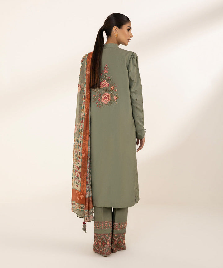 3 Piece - Embroidered Cotton Satin Suit